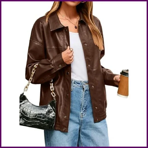 Oversized Faux Leather Bomber Jacket, Relaxed Fit, Button Front